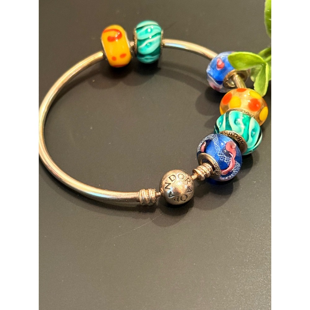 Pandora Sterling Silver Bangle Bracelet with 6 Colorful Glass Charms - Picture 4 of 8